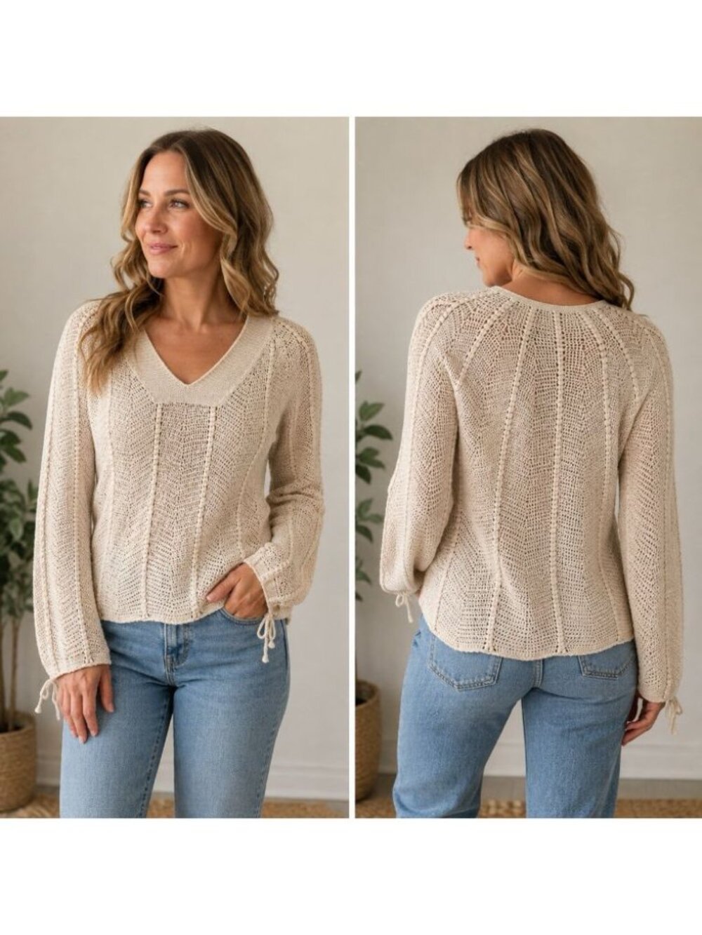 J.Crew Women’s Crochet Knit Sweater Beige Boho V-neck Long Sleeve Sz L